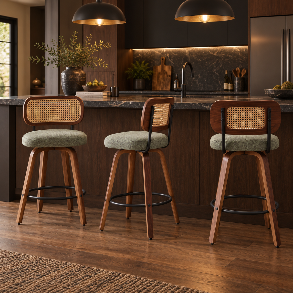 Medoc 26" Rattan Back Swivel Counter Height Linen Upholstered Bar Stool Set of 3