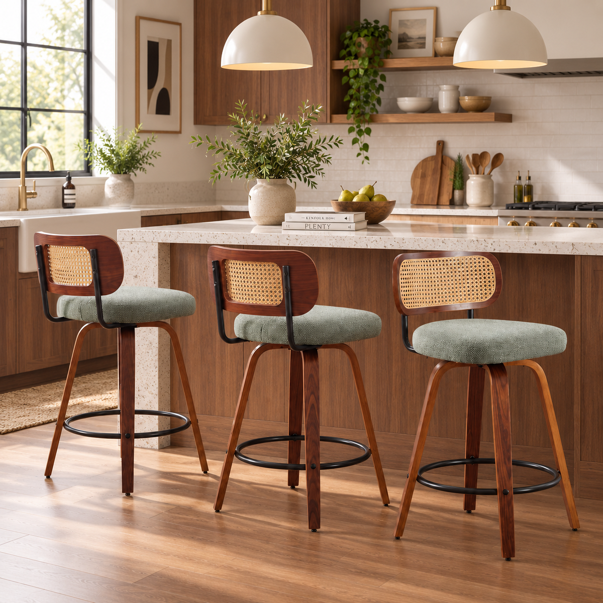 Medoc 26" Rattan Back Swivel Counter Height Linen Upholstered Bar Stool Set of 3