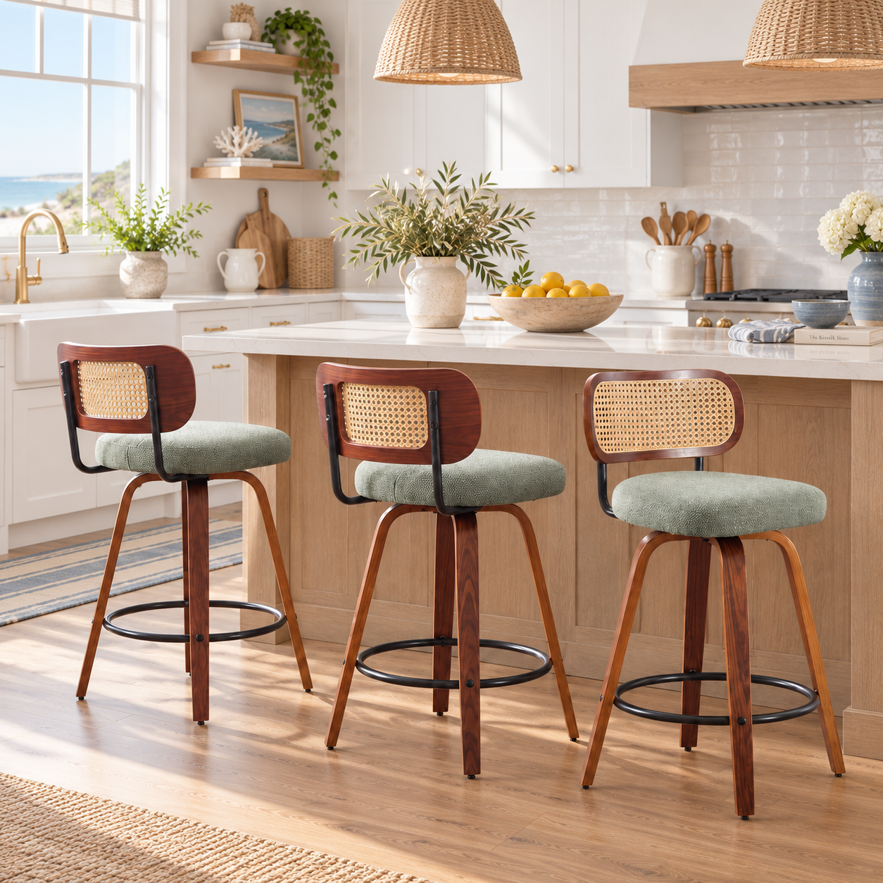 Medoc 26" Rattan Back Swivel Counter Height Linen Upholstered Bar Stool Set of 3