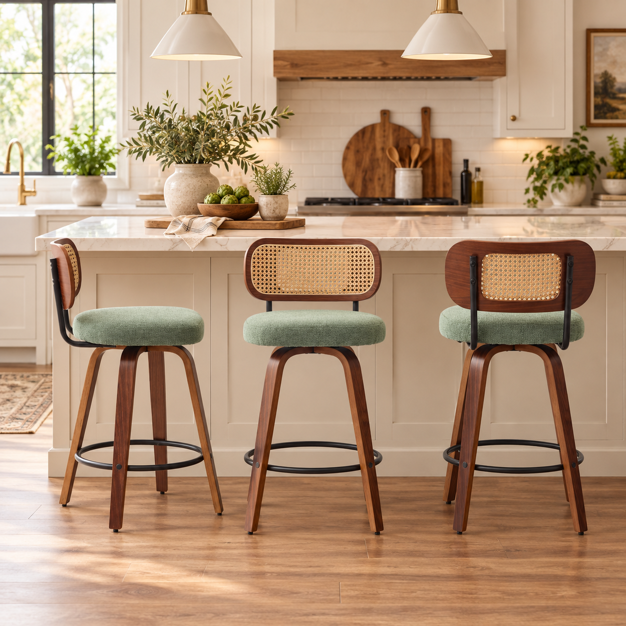 Medoc 26" Rattan Back Swivel Counter Height Linen Upholstered Bar Stool Set of 3