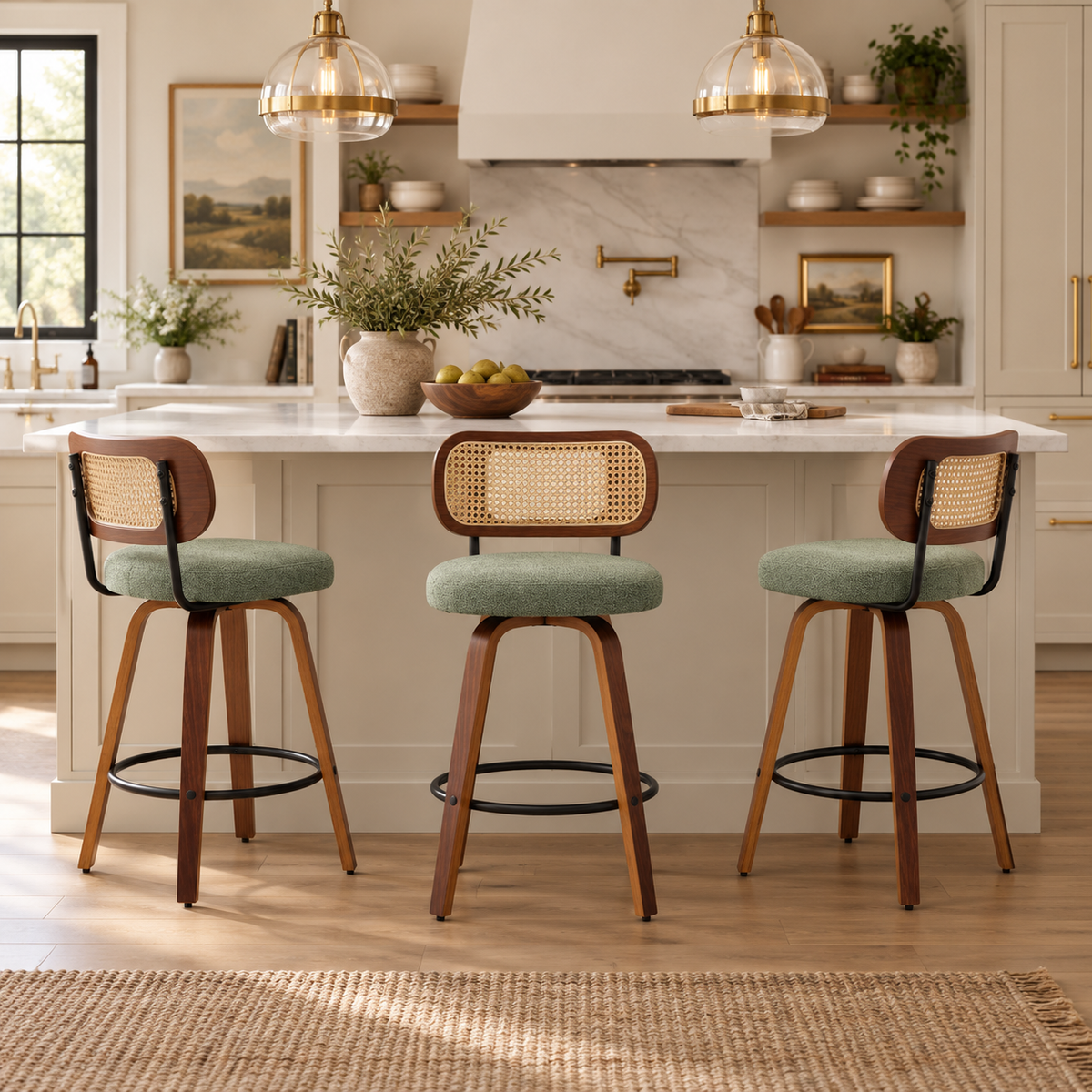 Medoc 26" Rattan Back Swivel Counter Height Linen Upholstered Bar Stool Set of 3