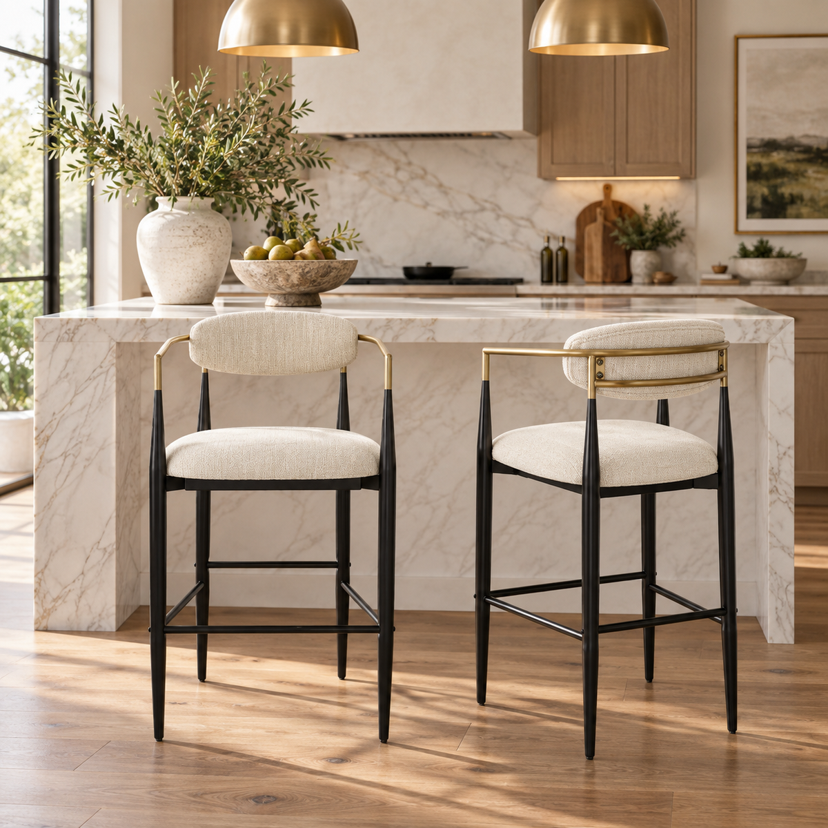 Bandol 30" Upholstered Bar Height Bar Stools with Gold-Tone Metal Arms Set of 2