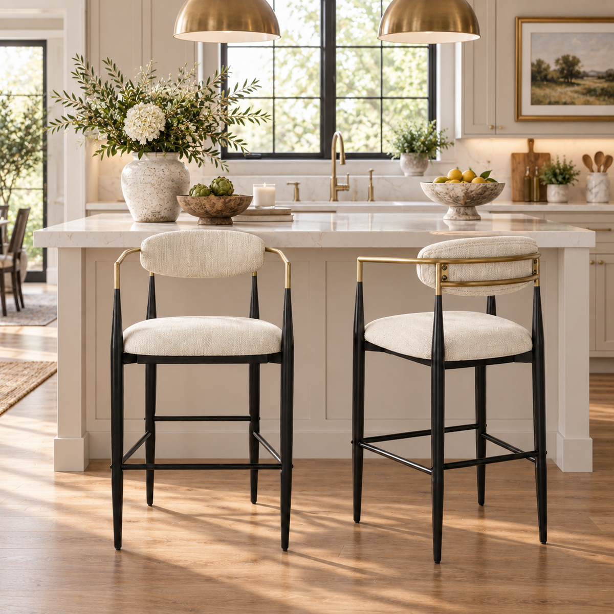 Bandol 30" Upholstered Bar Height Bar Stools with Gold-Tone Metal Arms Set of 2