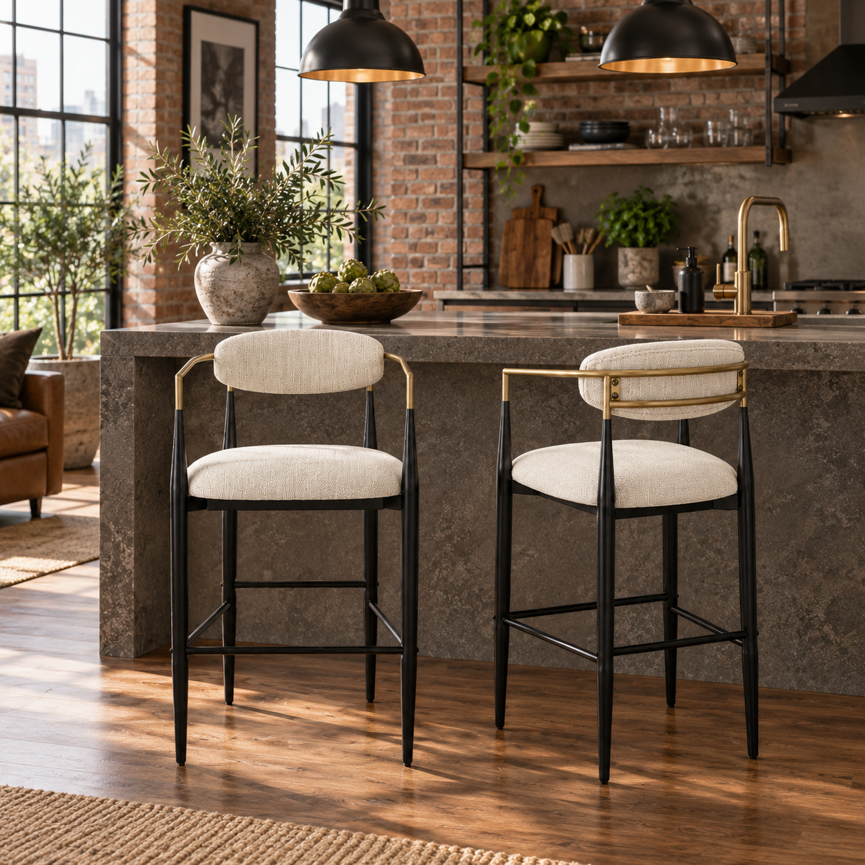 Bandol 30" Upholstered Bar Height Bar Stools with Gold-Tone Metal Arms Set of 2