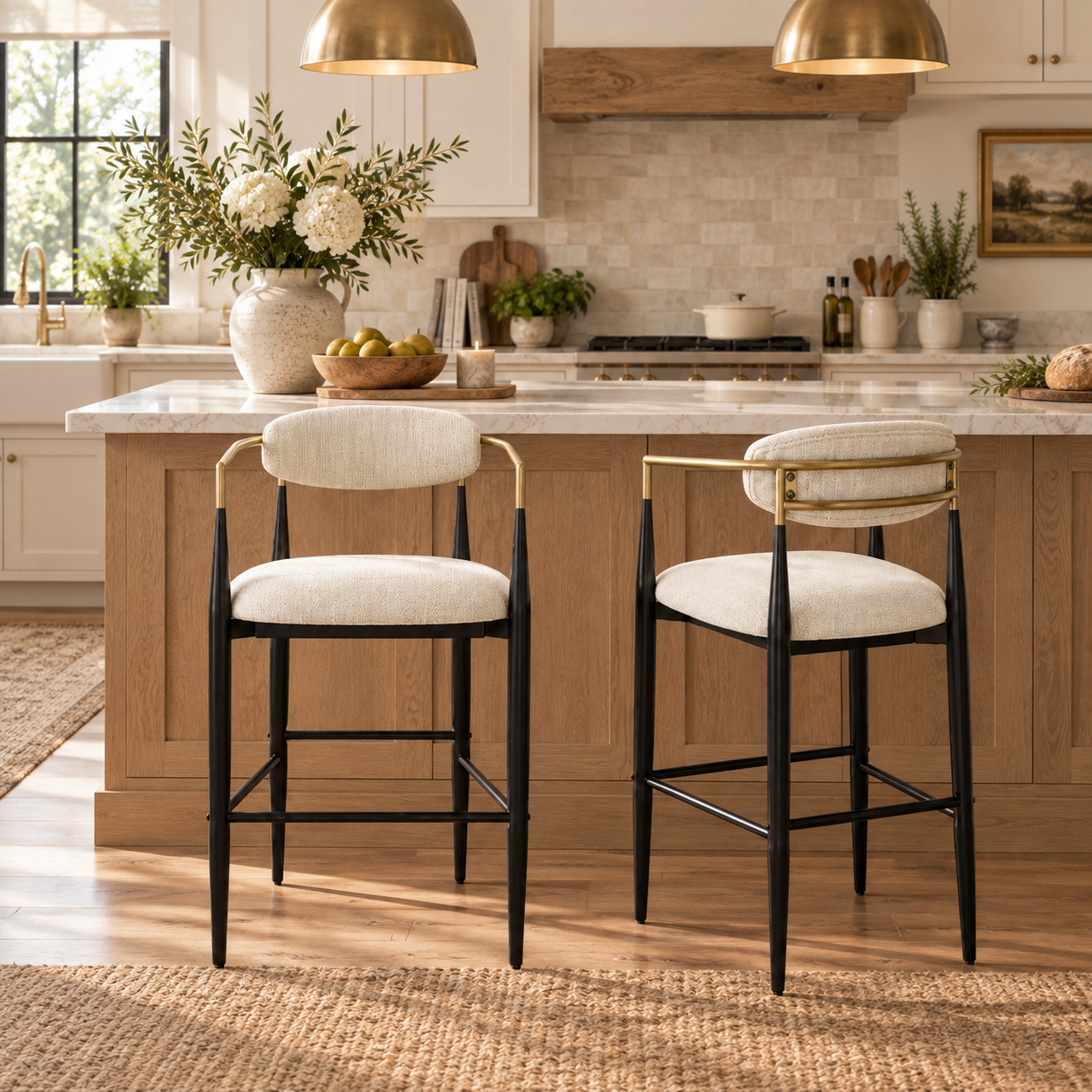 Bandol 30" Upholstered Bar Height Bar Stools with Gold-Tone Metal Arms Set of 2
