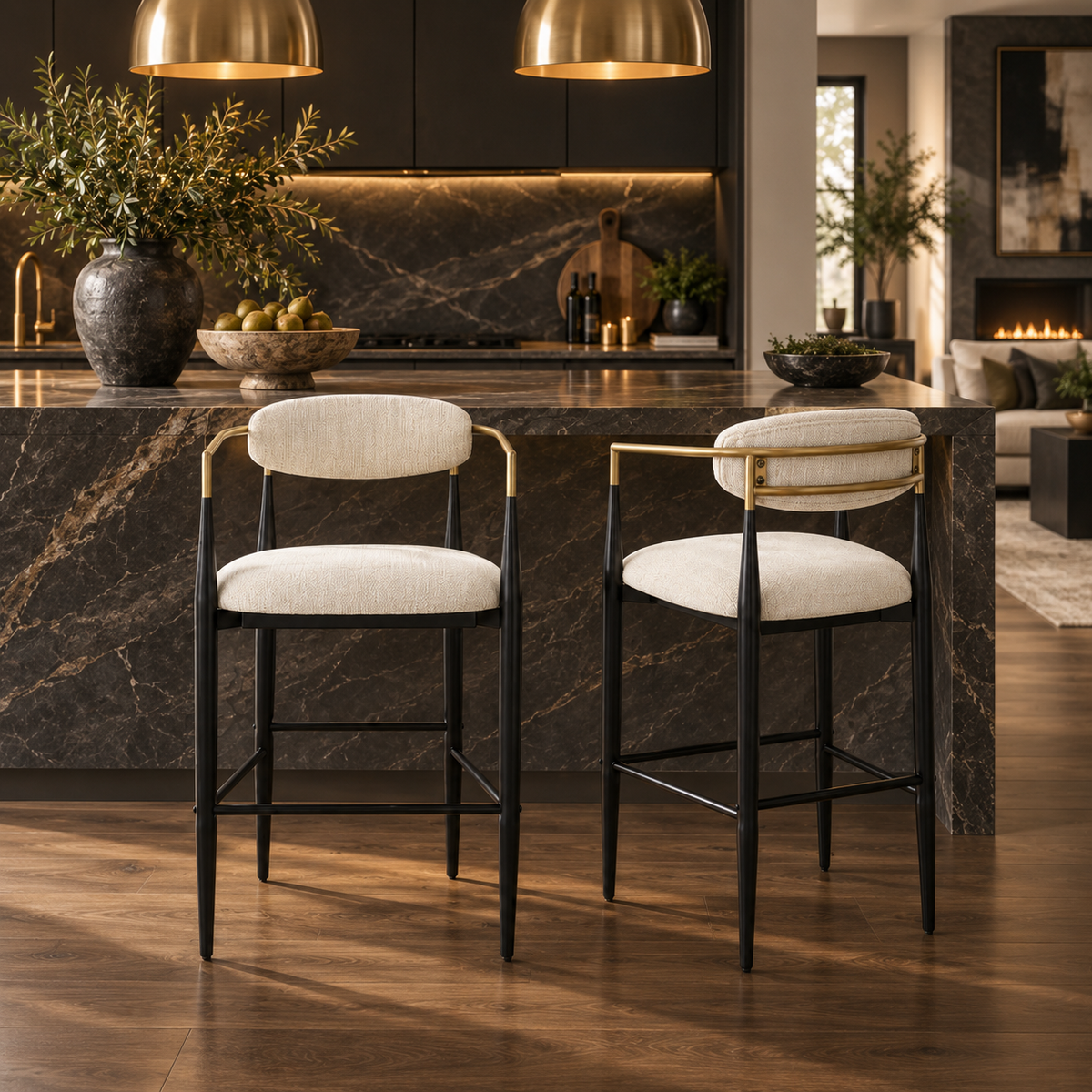 Bandol 30" Upholstered Bar Height Bar Stools with Gold-Tone Metal Arms Set of 2