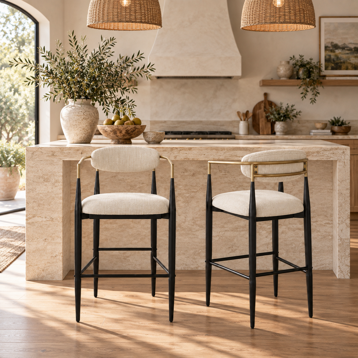 Bandol 30" Upholstered Bar Height Bar Stools with Gold-Tone Metal Arms Set of 2
