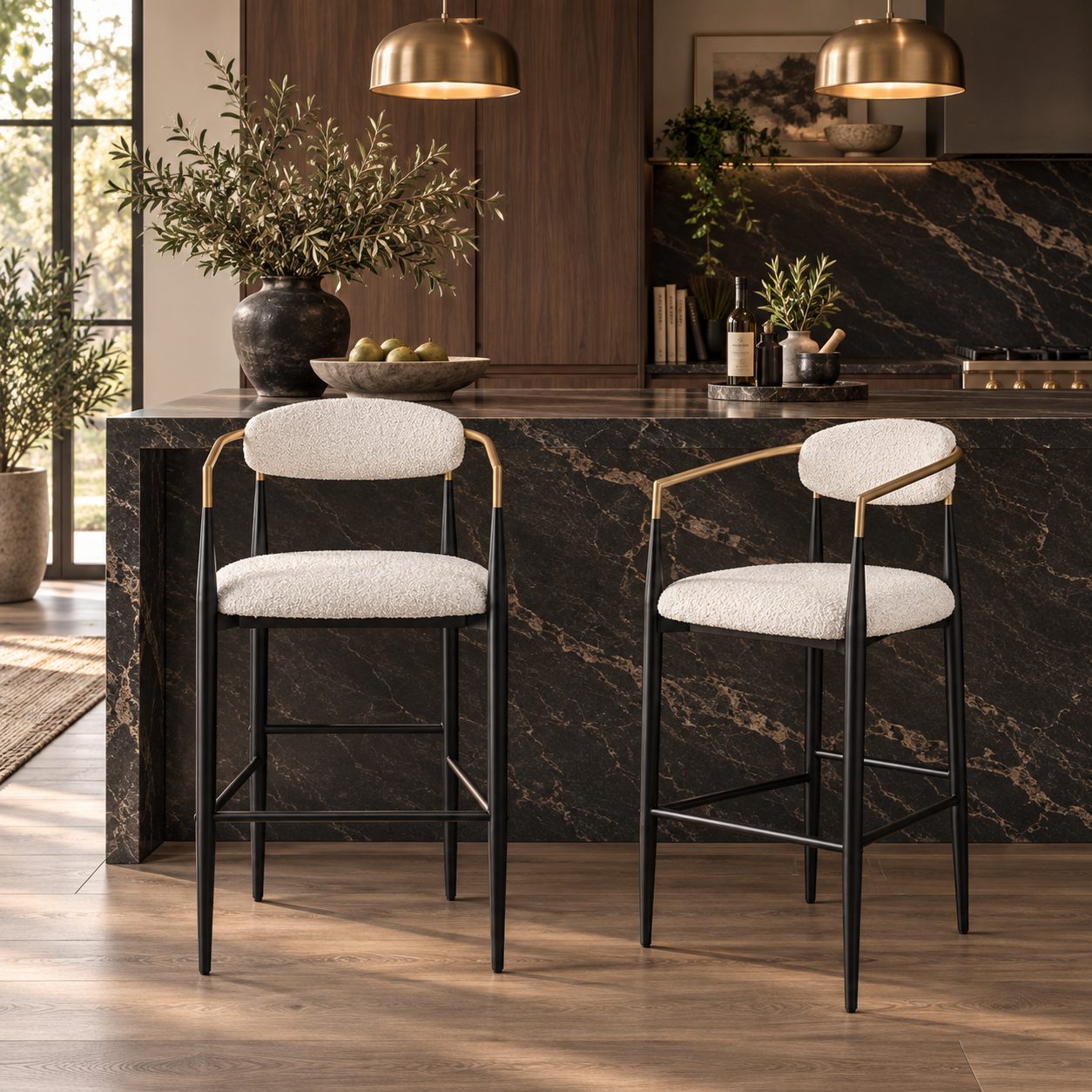 Bandol 30" Upholstered Bar Height Bar Stools with Gold-Tone Metal Arms Set of 2