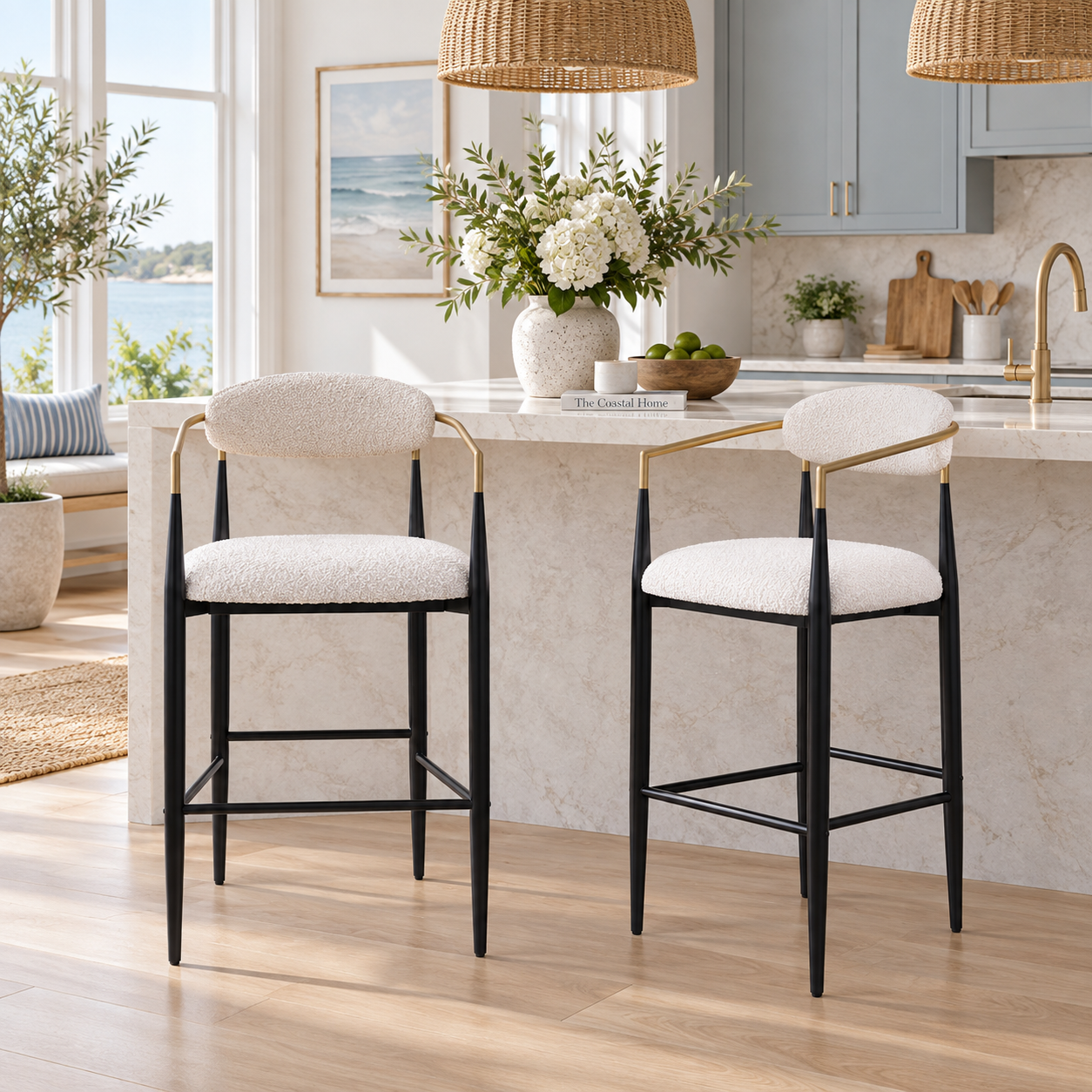 Bandol 30" Upholstered Bar Height Bar Stools with Gold-Tone Metal Arms Set of 2