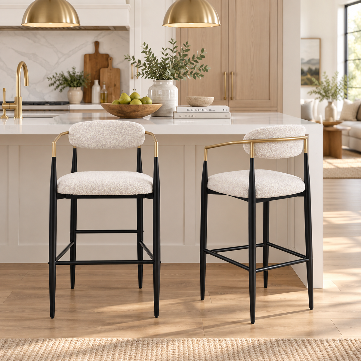 Bandol 30" Upholstered Bar Height Bar Stools with Gold-Tone Metal Arms Set of 2