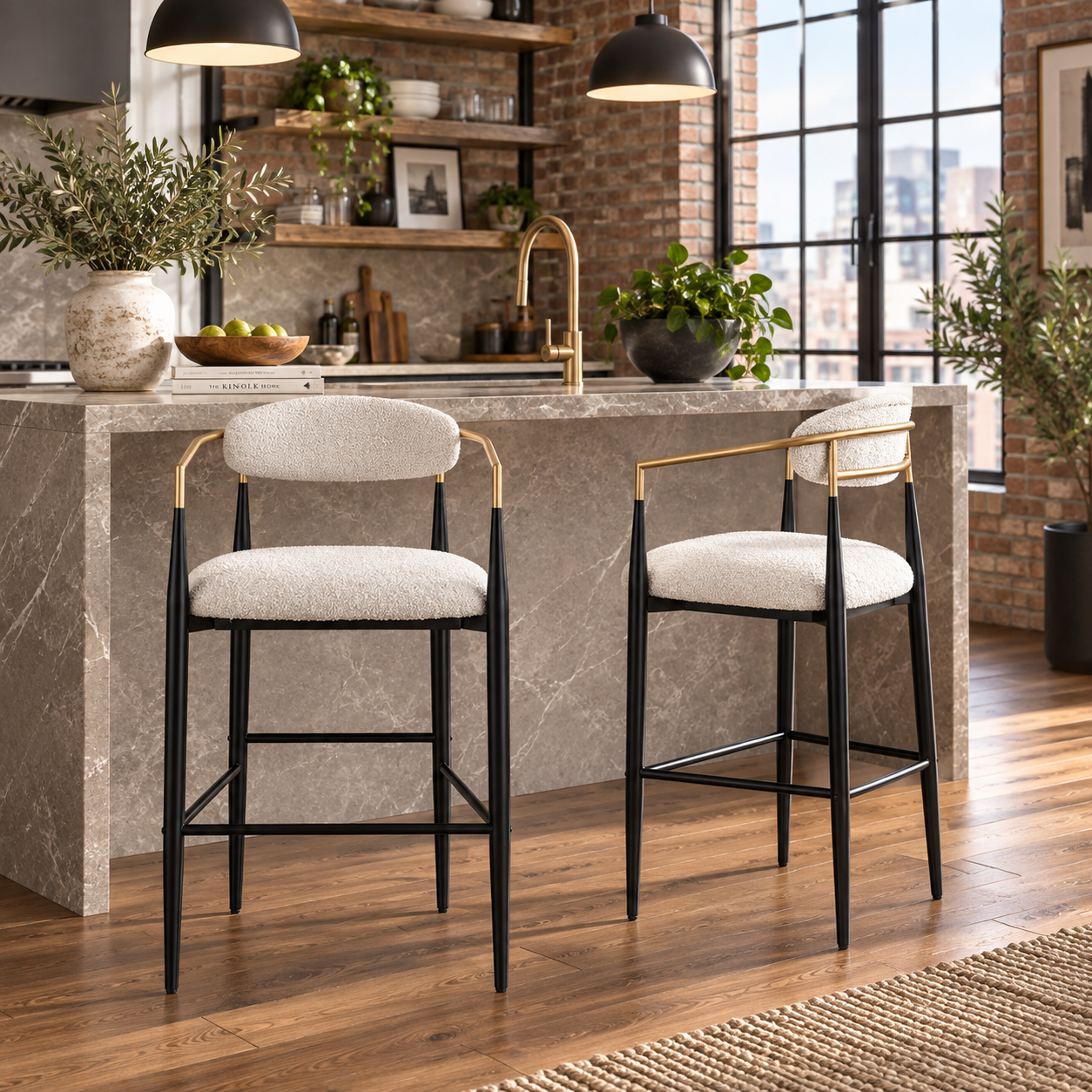 Bandol 30" Upholstered Bar Height Bar Stools with Gold-Tone Metal Arms Set of 2