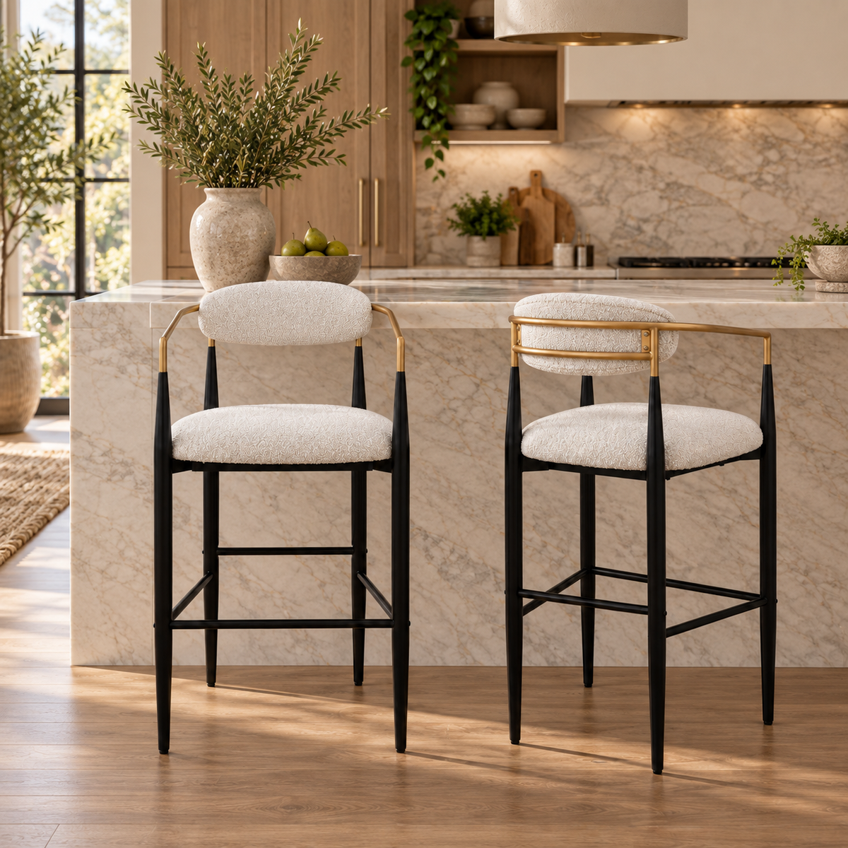 Bandol 30" Upholstered Bar Height Bar Stools with Gold-Tone Metal Arms Set of 2