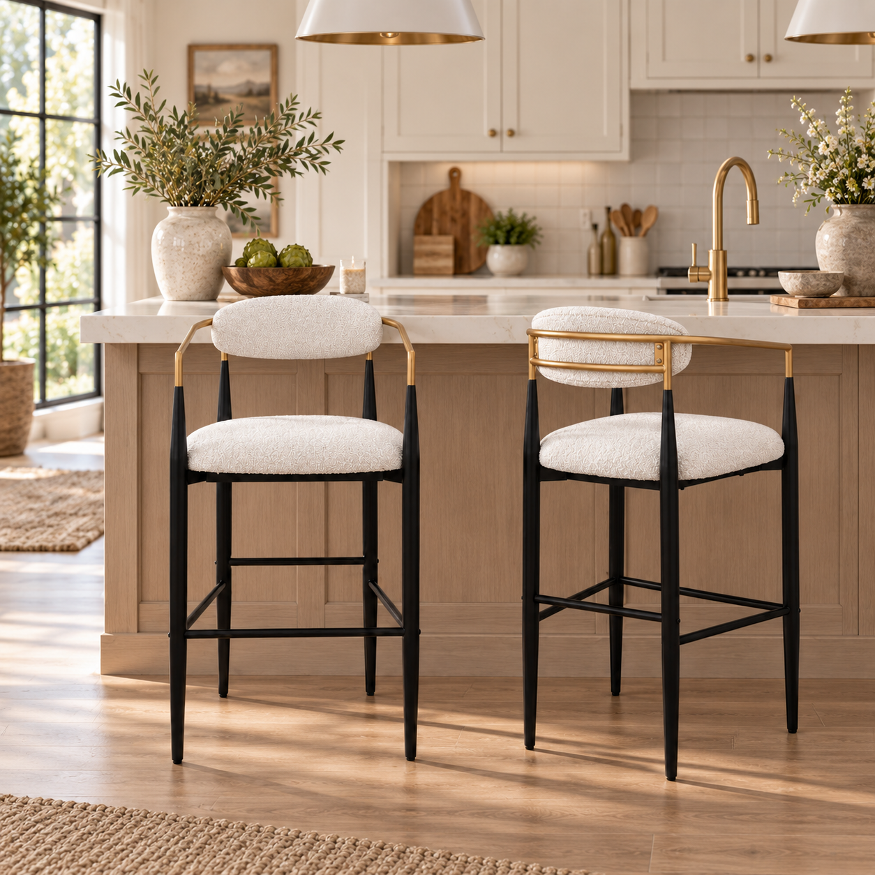 Bandol 30" Upholstered Bar Height Bar Stools with Gold-Tone Metal Arms Set of 2
