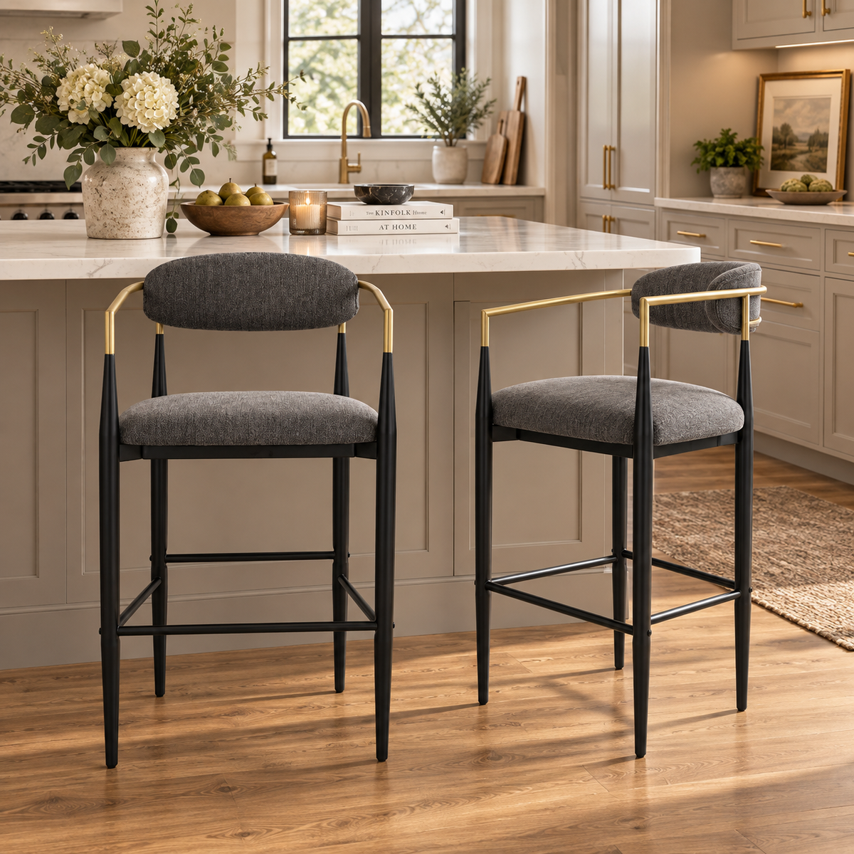 Bandol 30" Upholstered Bar Height Bar Stools with Gold-Tone Metal Arms Set of 2