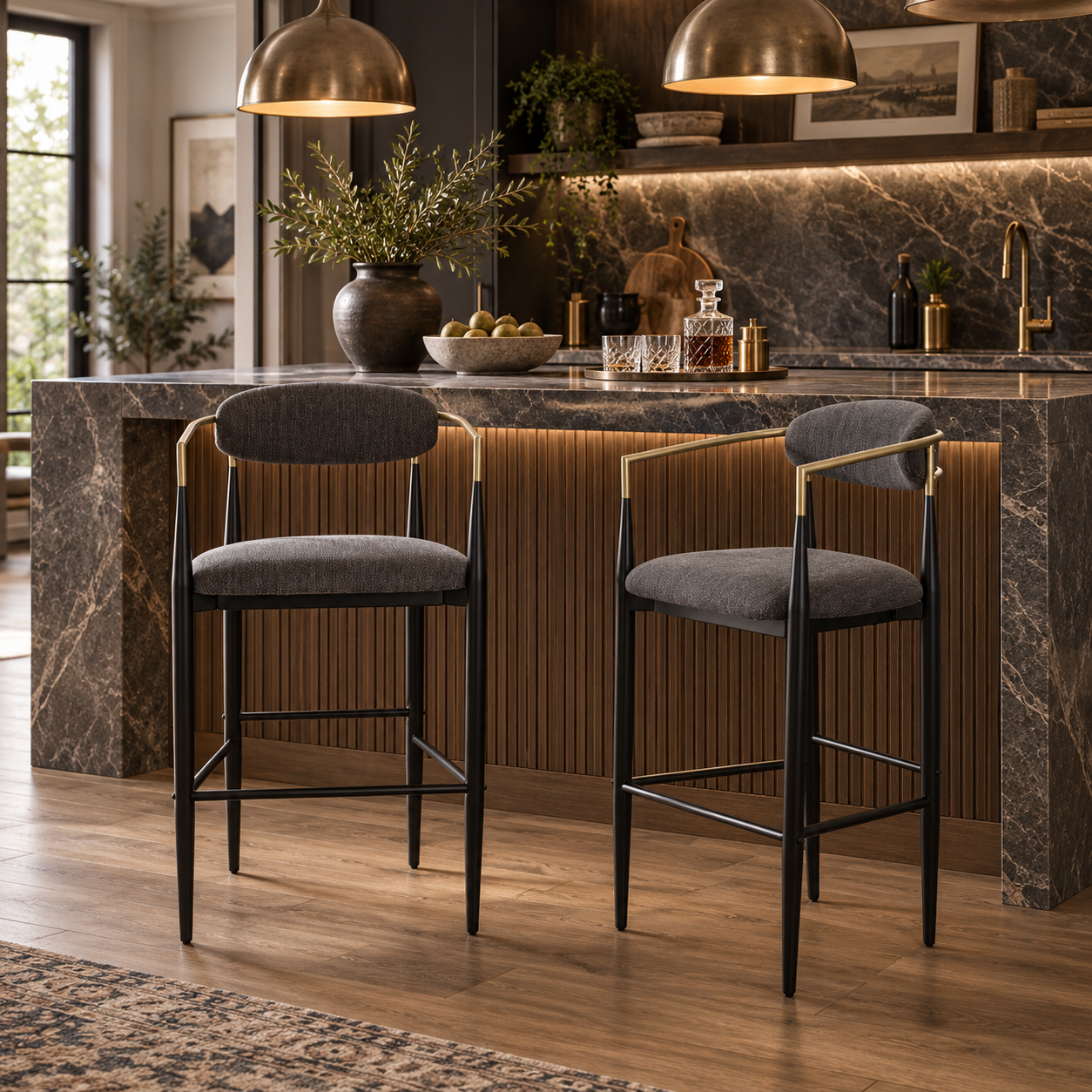 Bandol 30" Upholstered Bar Height Bar Stools with Gold-Tone Metal Arms Set of 2