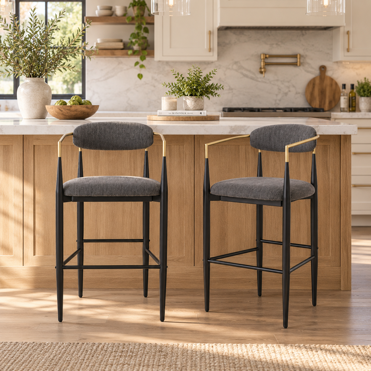 Bandol 30" Upholstered Bar Height Bar Stools with Gold-Tone Metal Arms Set of 2