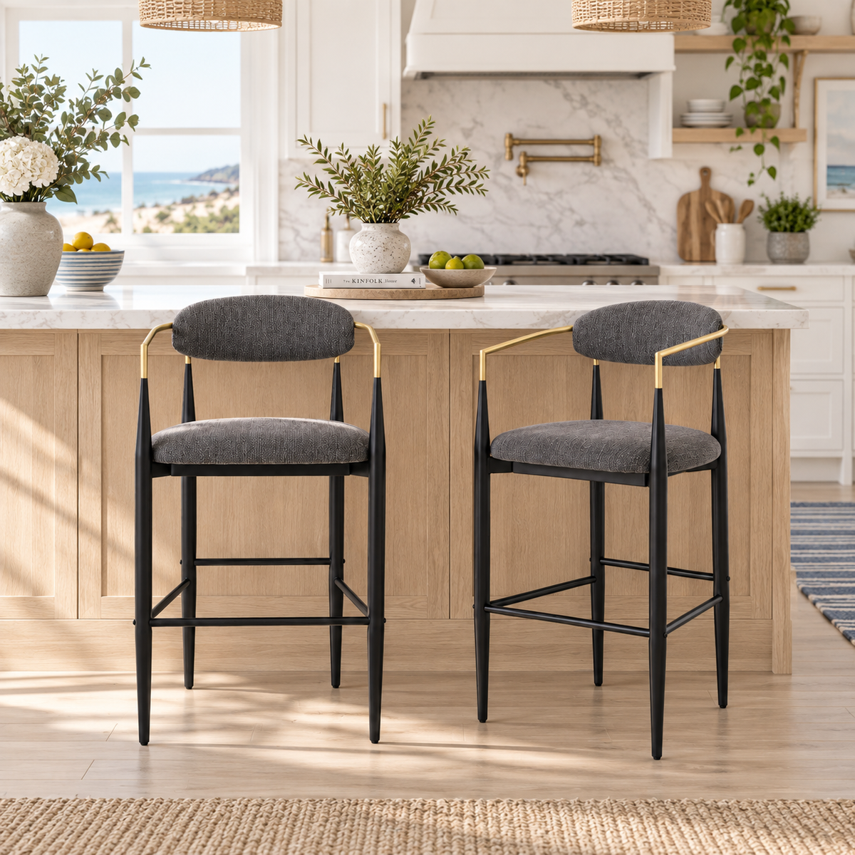 Bandol 30" Upholstered Bar Height Bar Stools with Gold-Tone Metal Arms Set of 2