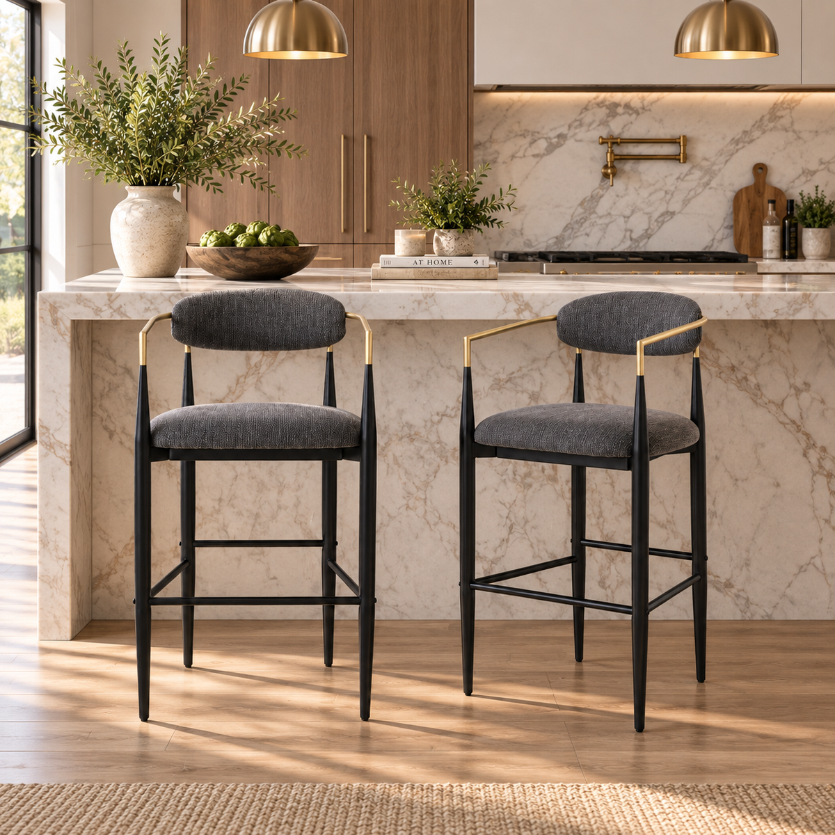 Bandol 30" Upholstered Bar Height Bar Stools with Gold-Tone Metal Arms Set of 2