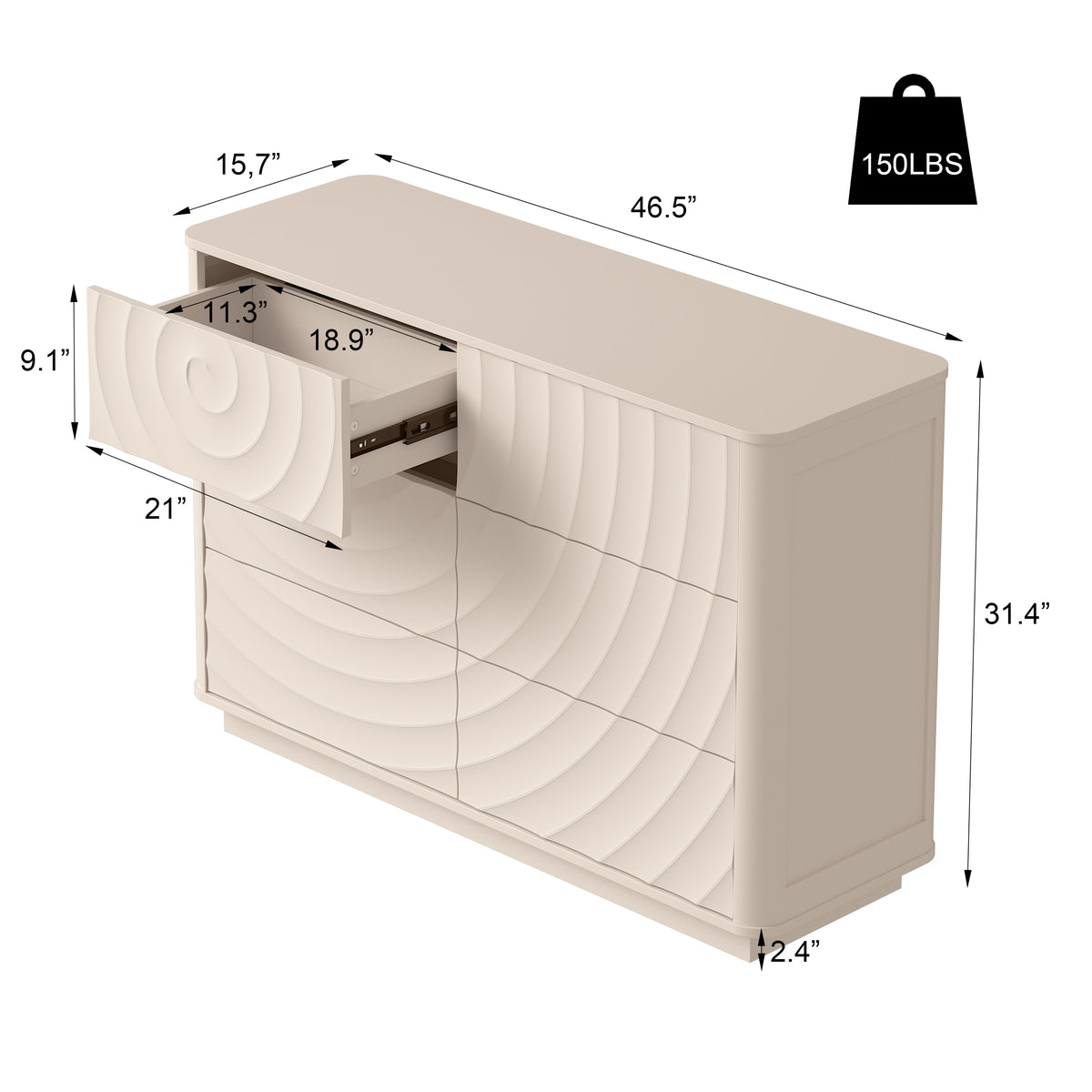 Grenoble 46.5" Wide 6-Drawer Dresser with Handleless Ripple Fronts