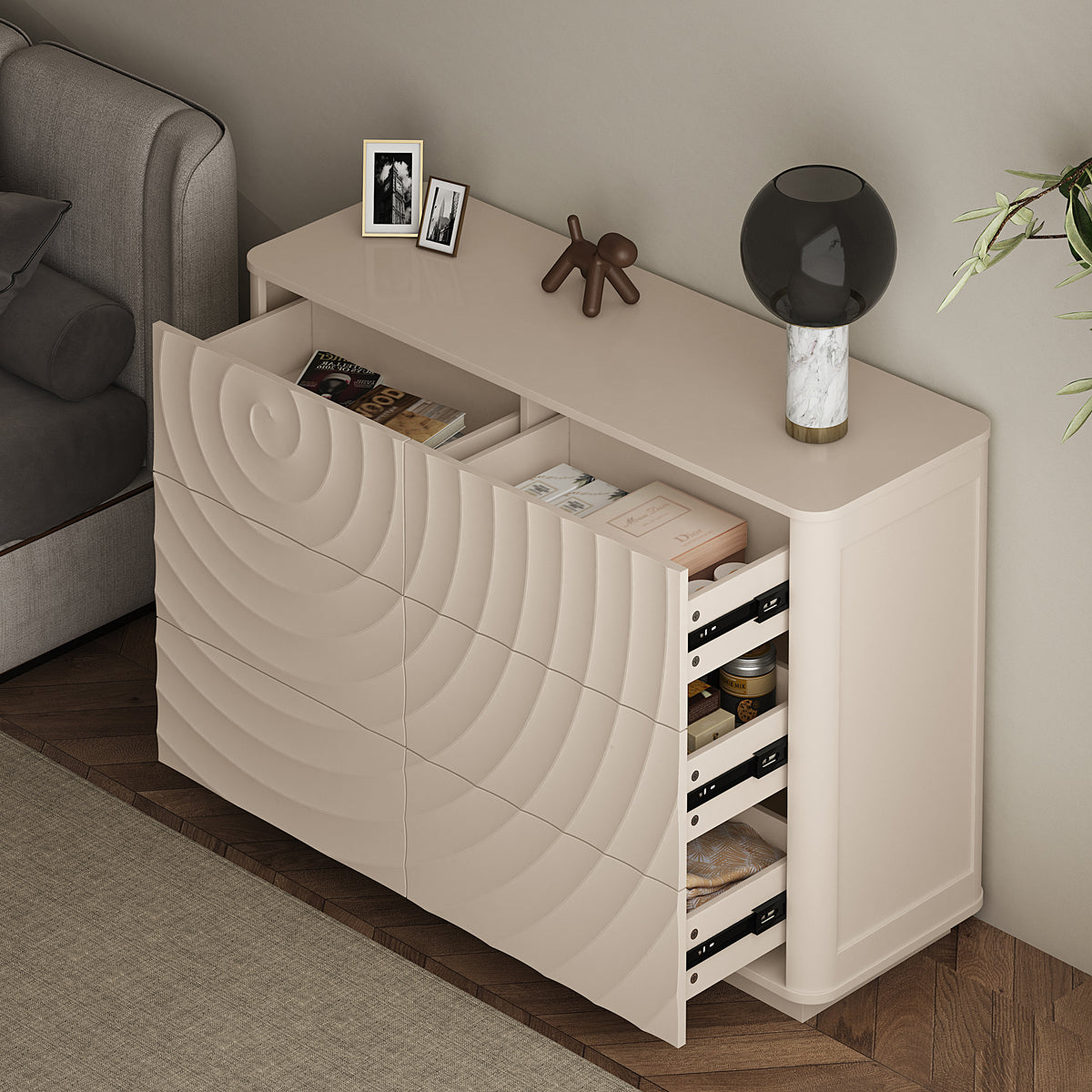 Grenoble 46.5" Wide 6-Drawer Dresser with Handleless Ripple Fronts