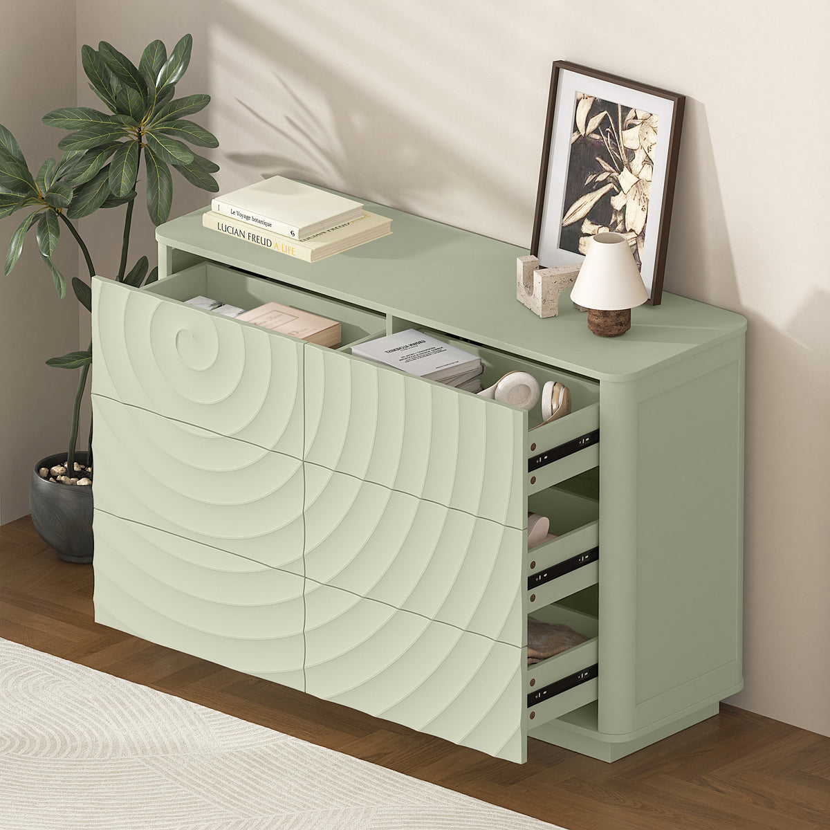 Grenoble 46.5" Wide 6-Drawer Dresser with Handleless Ripple Fronts