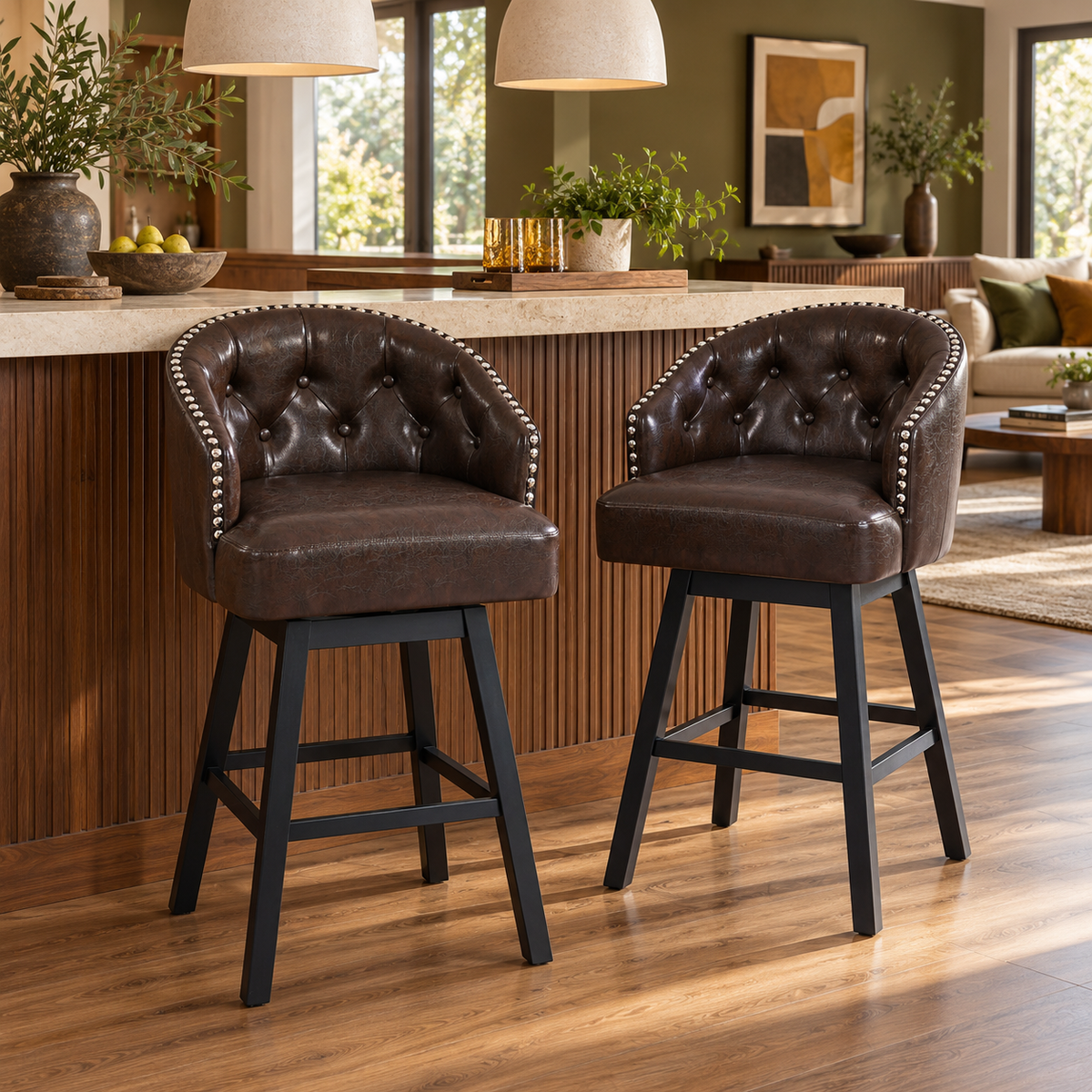 Madiran 32" Swivel Tufted Barrel Back Bar Stools with Solid Wood Legs Set of 2