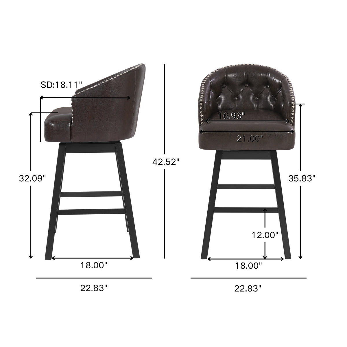 Madiran 32" Swivel Tufted Barrel Back Bar Stools with Solid Wood Legs Set of 2
