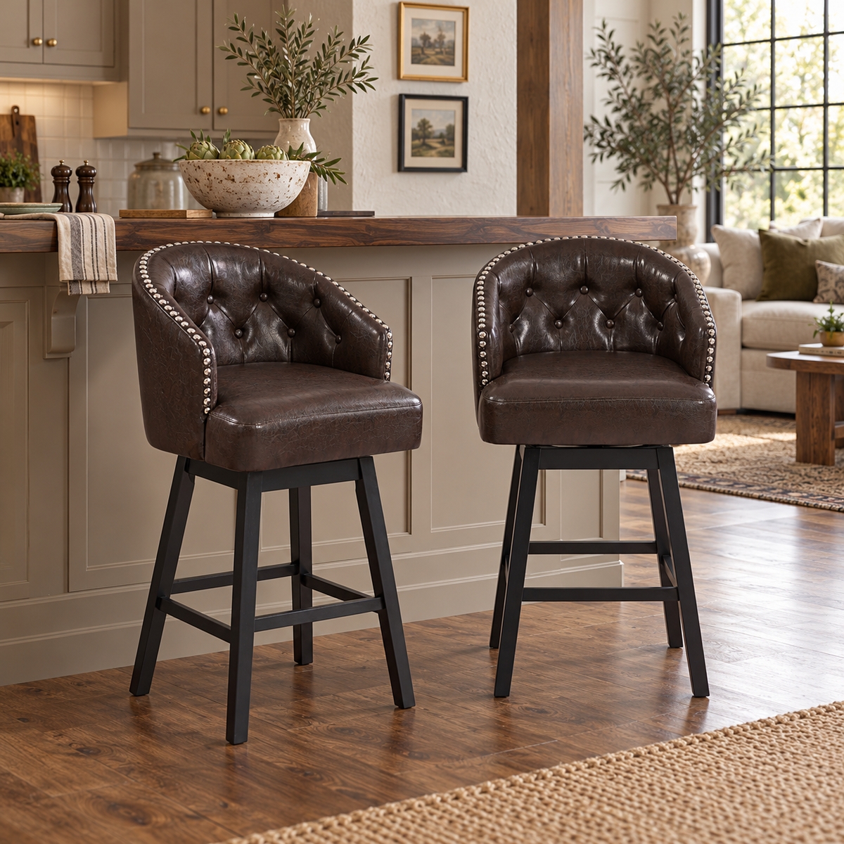 Madiran 32" Swivel Tufted Barrel Back Bar Stools with Solid Wood Legs Set of 2