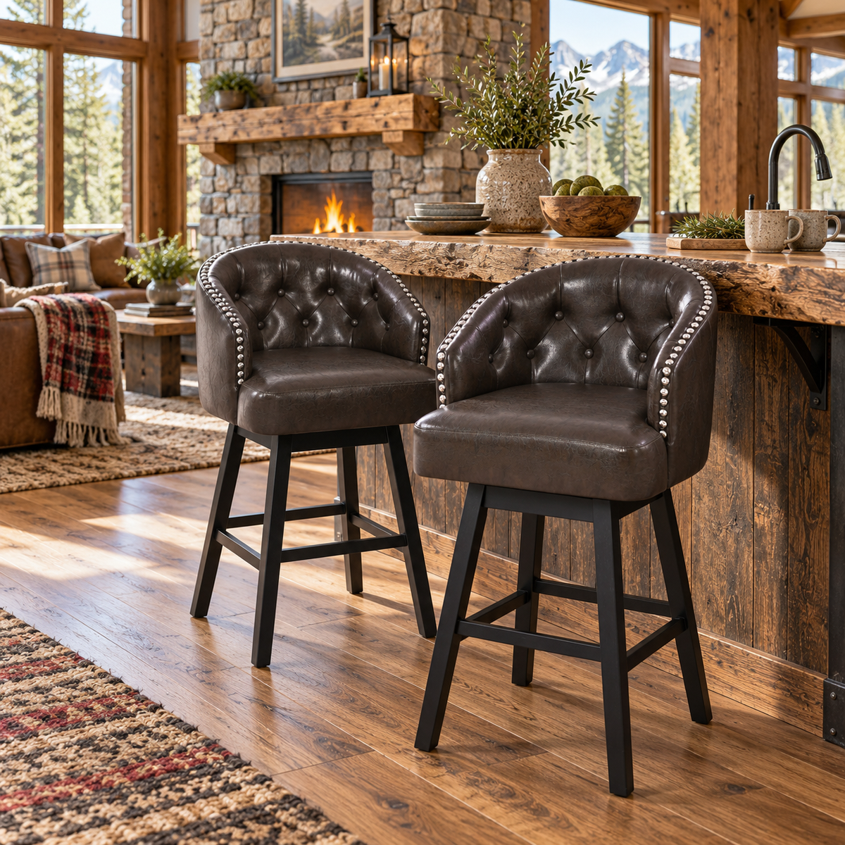 Madiran 32" Swivel Tufted Barrel Back Bar Stools with Solid Wood Legs Set of 2