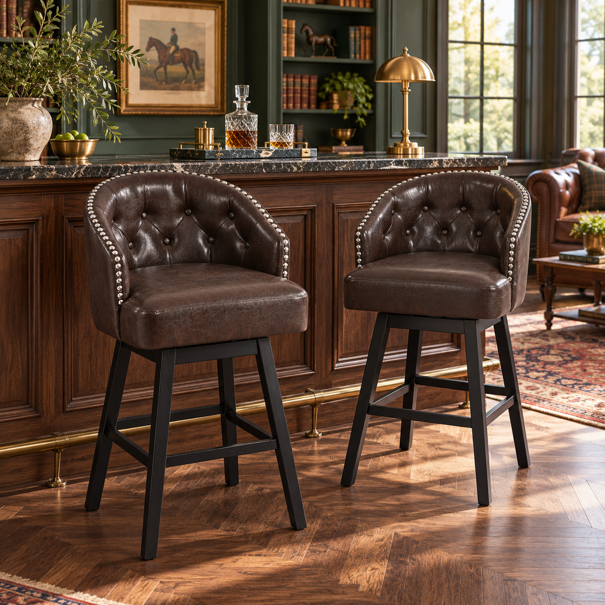 Madiran 32" Swivel Tufted Barrel Back Bar Stools with Solid Wood Legs Set of 2