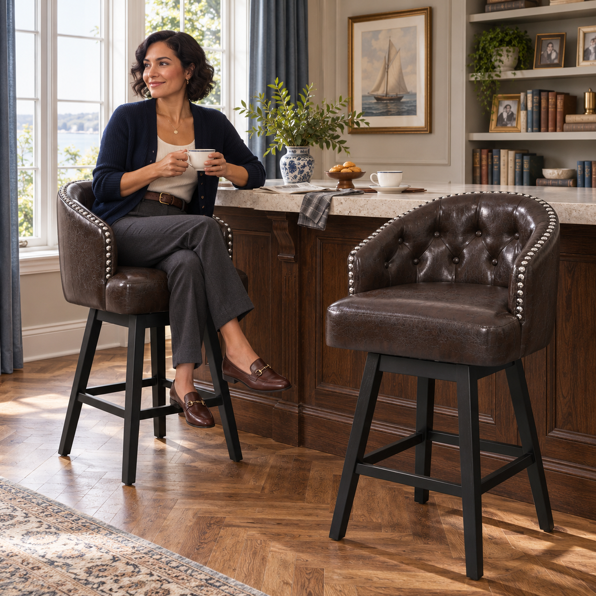 Madiran 32" Swivel Tufted Barrel Back Bar Stools with Solid Wood Legs Set of 2