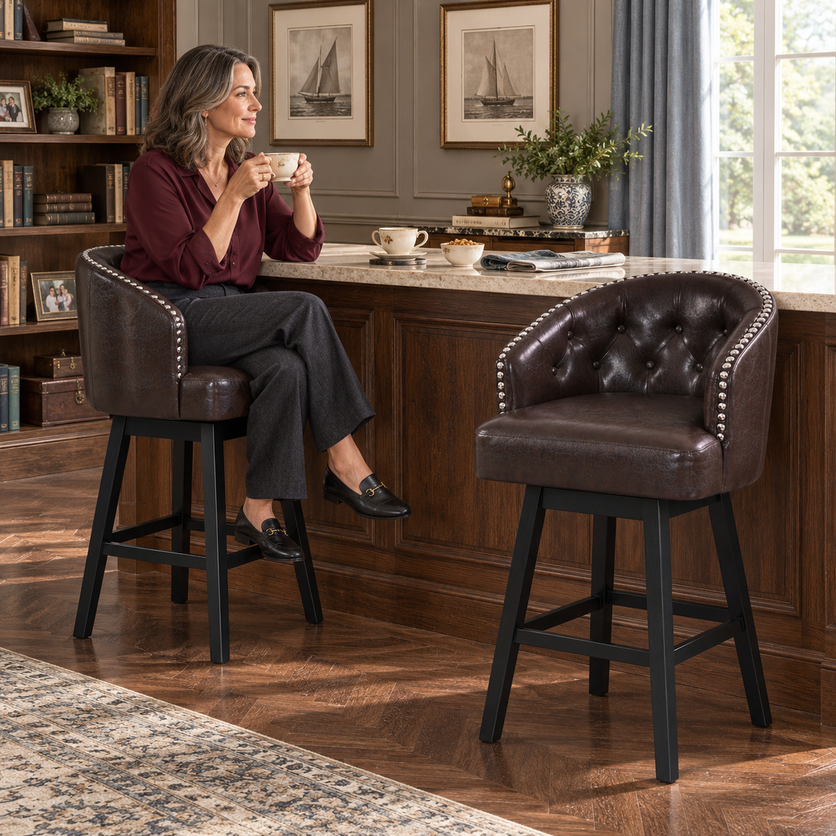 Madiran 32" Swivel Tufted Barrel Back Bar Stools with Solid Wood Legs Set of 2