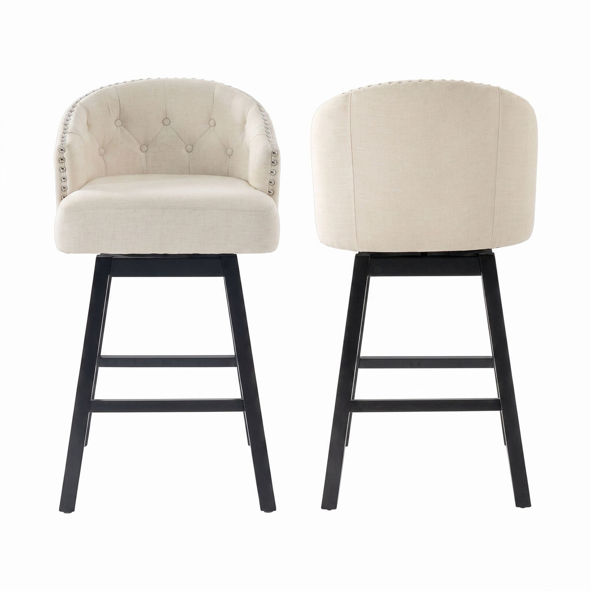 Madiran 32" Swivel Tufted Barrel Back Bar Stools with Solid Wood Legs Set of 2