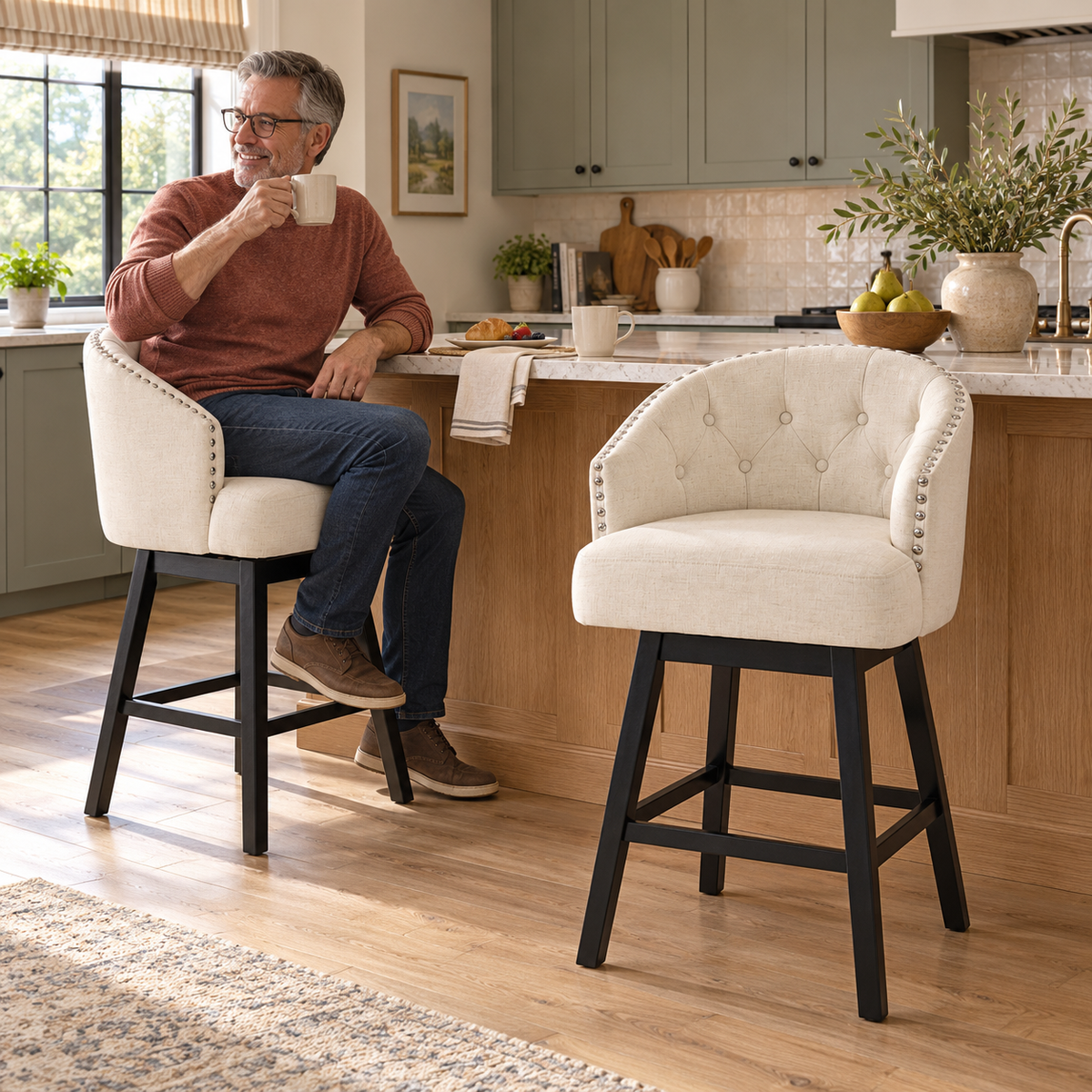 Madiran 32" Swivel Tufted Barrel Back Bar Stools with Solid Wood Legs Set of 2