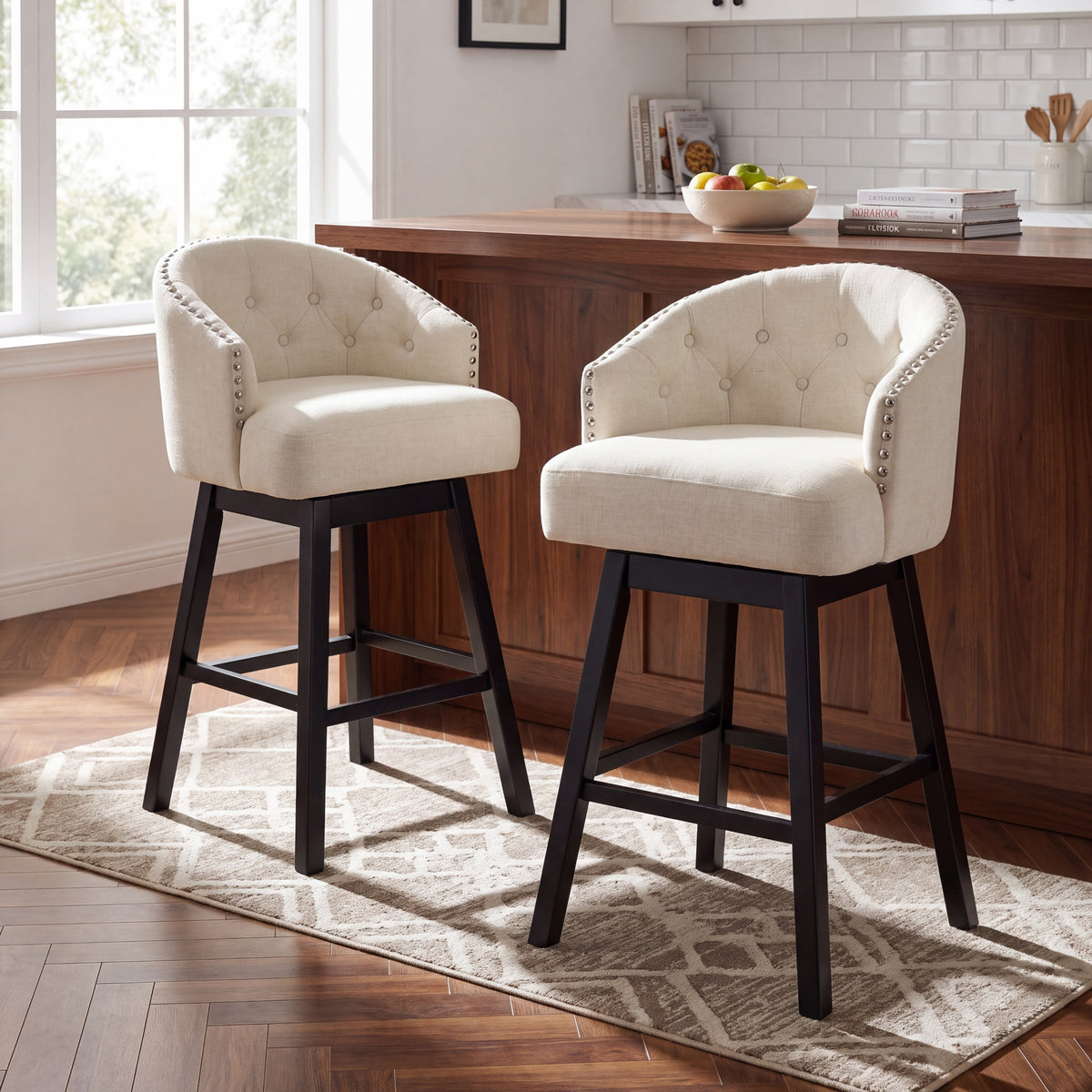 Madiran 32" Swivel Tufted Barrel Back Bar Stools with Solid Wood Legs Set of 2