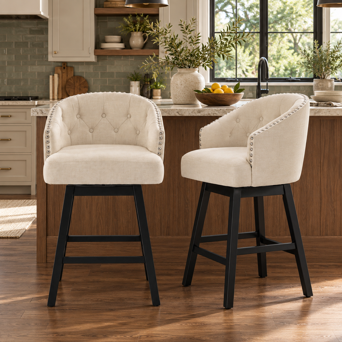 Madiran 32" Swivel Tufted Barrel Back Bar Stools with Solid Wood Legs Set of 2