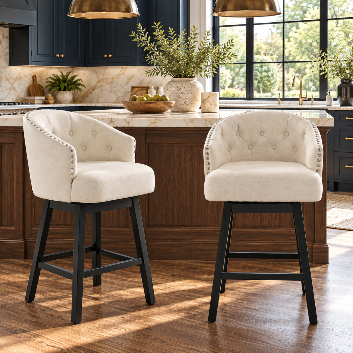 Madiran 32" Swivel Tufted Barrel Back Bar Stools with Solid Wood Legs Set of 2