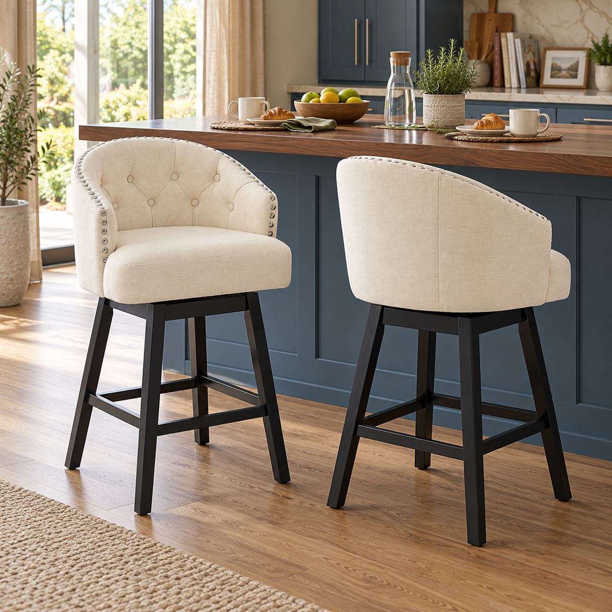 Madiran 32" Swivel Tufted Barrel Back Bar Stools with Solid Wood Legs Set of 2