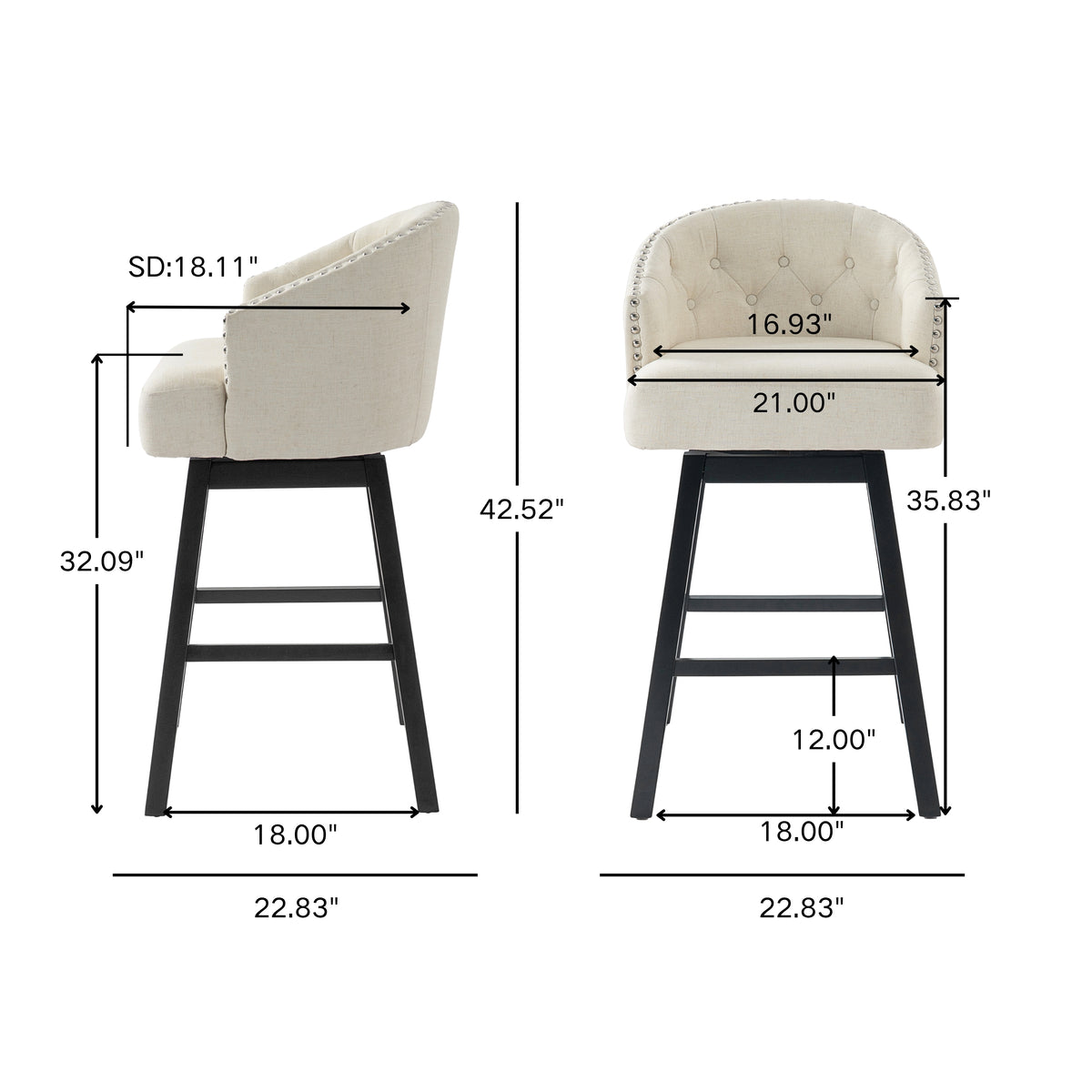 Madiran 32" Swivel Tufted Barrel Back Bar Stools with Solid Wood Legs Set of 2