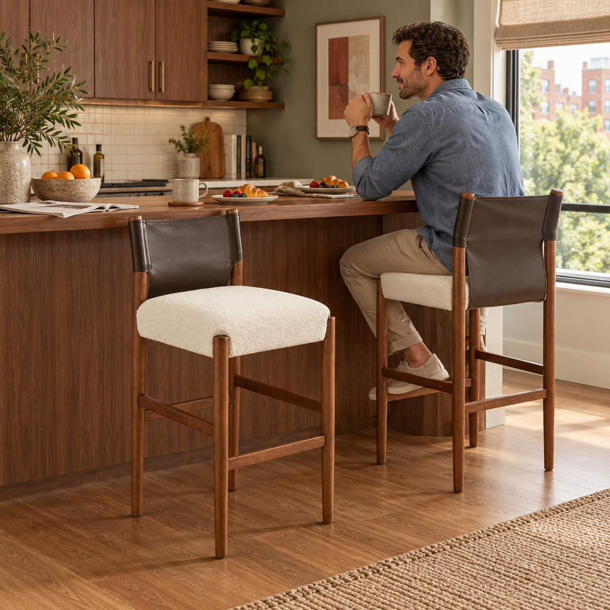 Riesling 28.5" Solid Wood PU Leather Upholstered Bar Stools Set of 2