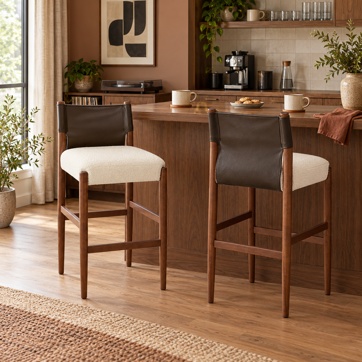 Riesling 28.5" Solid Wood PU Leather Upholstered Bar Stools Set of 2