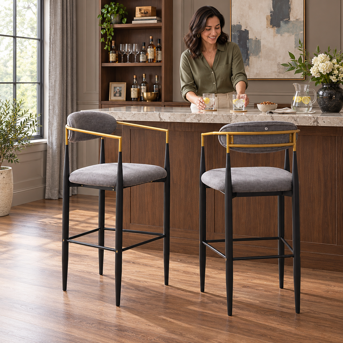 Bandol 30" Linen-Look Bar Height Stools with Arms and Leveling Feet Set of 2