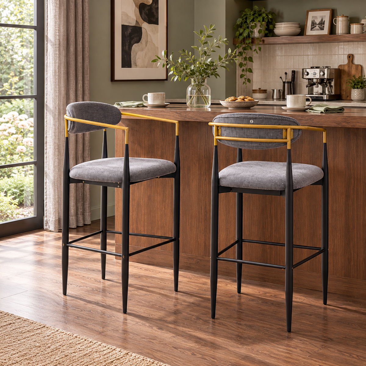 Bandol 30" Linen-Look Bar Height Stools with Arms and Leveling Feet Set of 2