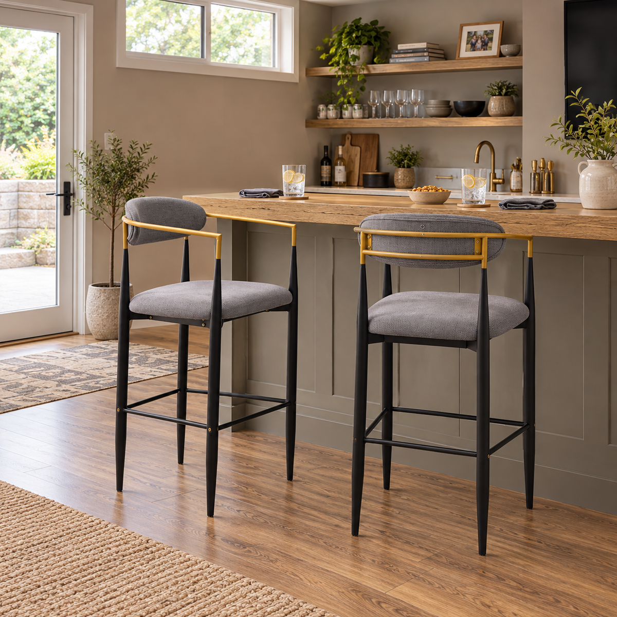 Bandol 30" Linen-Look Bar Height Stools with Arms and Leveling Feet Set of 2