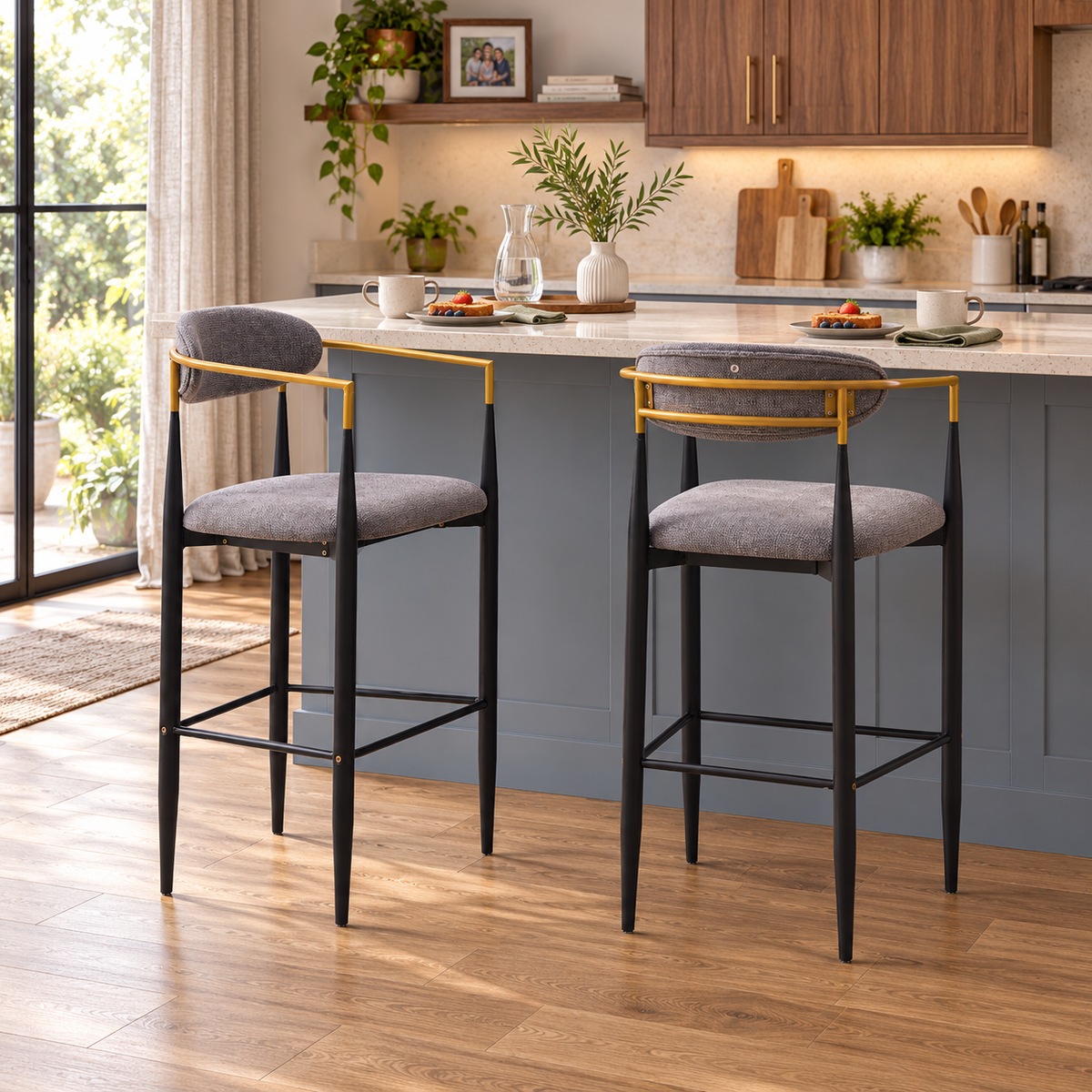 Bandol 30" Linen-Look Bar Height Stools with Arms and Leveling Feet Set of 2