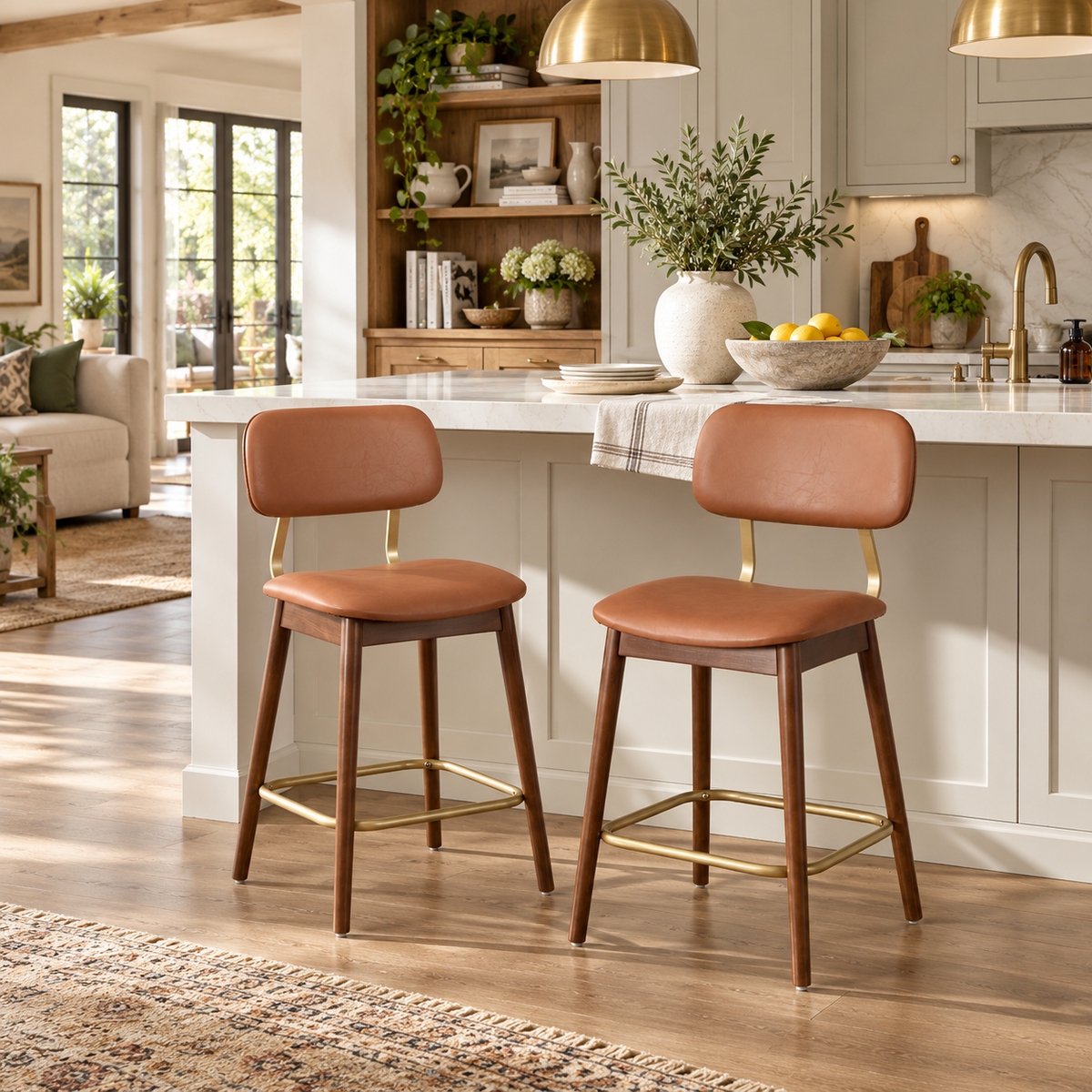 Fronsac 26" Upholstered Solid Wood Counter Height Stools with Gold-Tone Footrest Set of 2