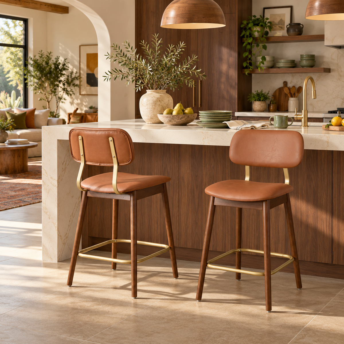 Fronsac 26" Upholstered Solid Wood Counter Height Stools with Gold-Tone Footrest Set of 2