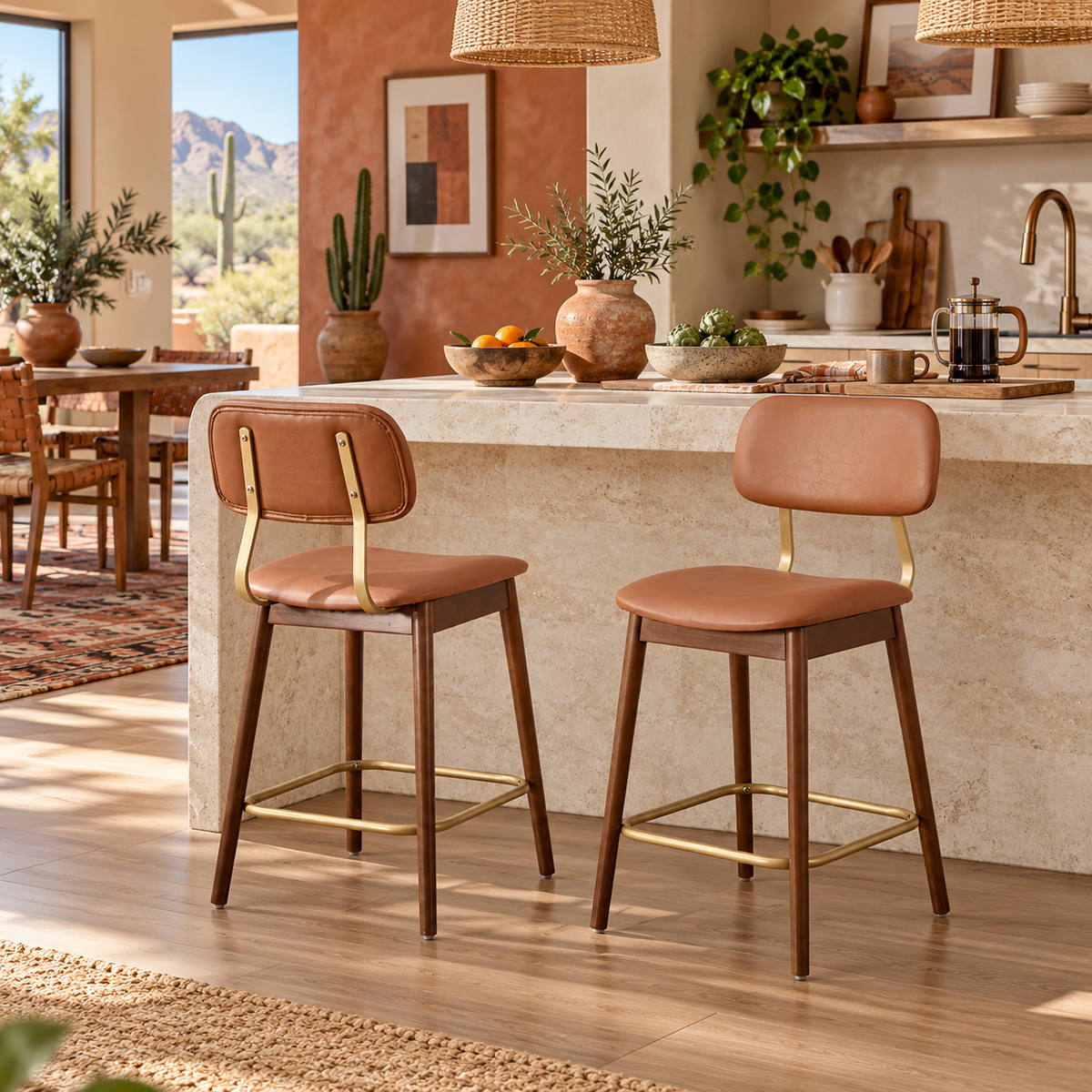 Fronsac 26" Upholstered Solid Wood Counter Height Stools with Gold-Tone Footrest Set of 2