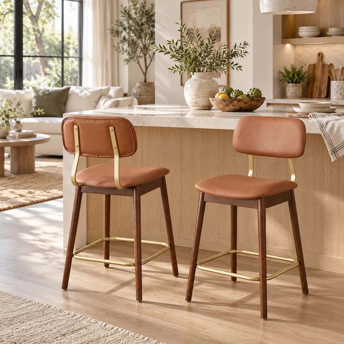 Fronsac 26" Upholstered Solid Wood Counter Height Stools with Gold-Tone Footrest Set of 2