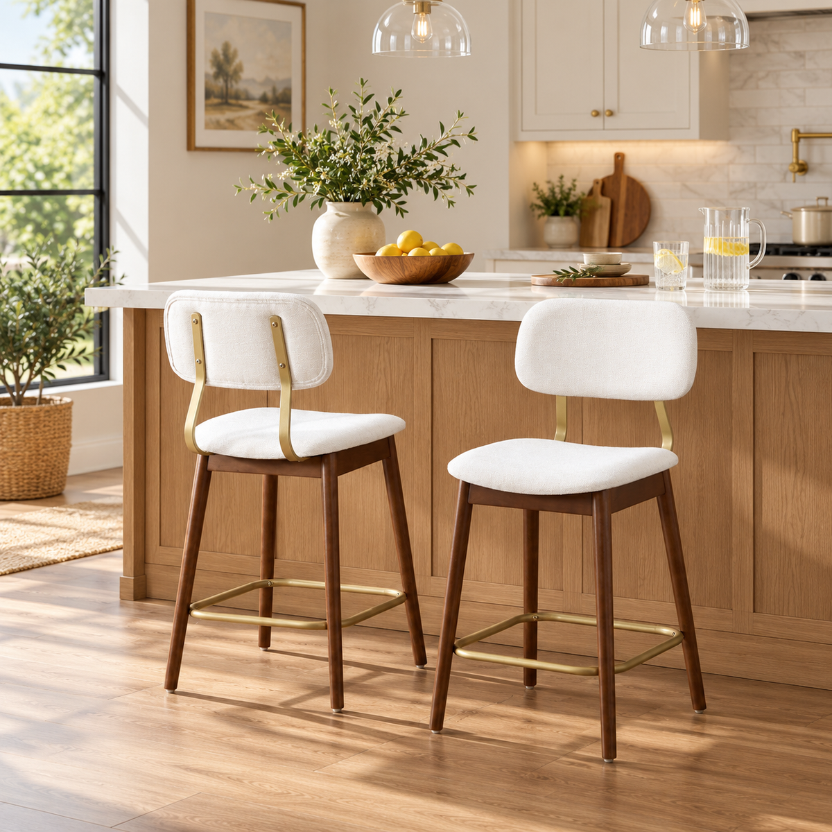 Fronsac 26" Upholstered Solid Wood Counter Height Stools with Gold-Tone Footrest Set of 2